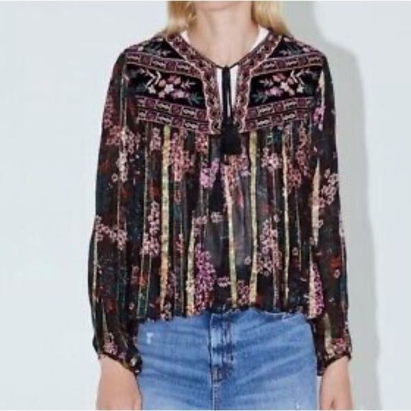 ZARA VELVET EMBROIDERED TIE UP BLOUSE - Picture 6 of 9